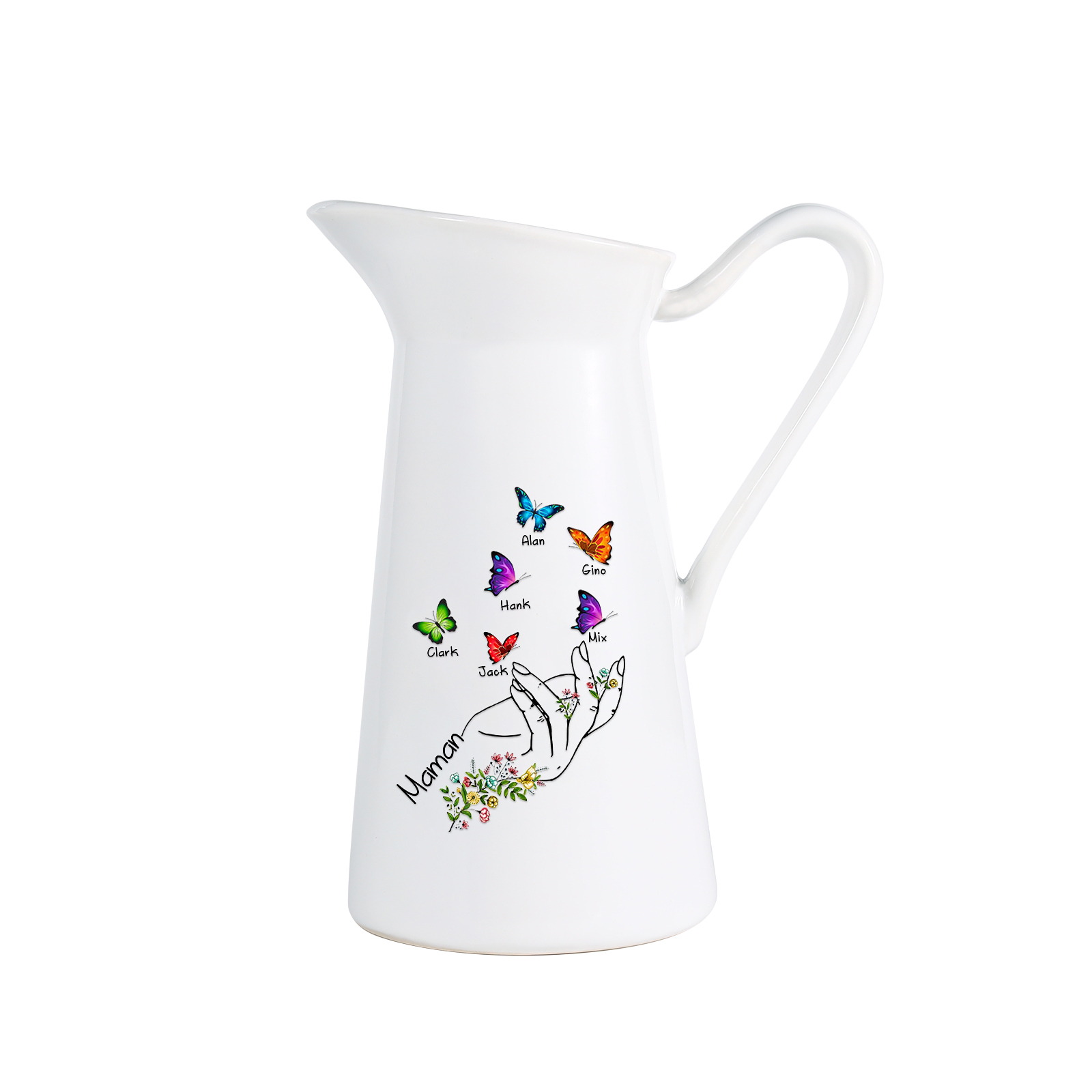 À Maman/Mamie - Vase Personnalisé 2-8 Prénoms avec 1 Texte Vase Forme Pichet et Papillonen Céramique (sans fleurs) | Jessemade