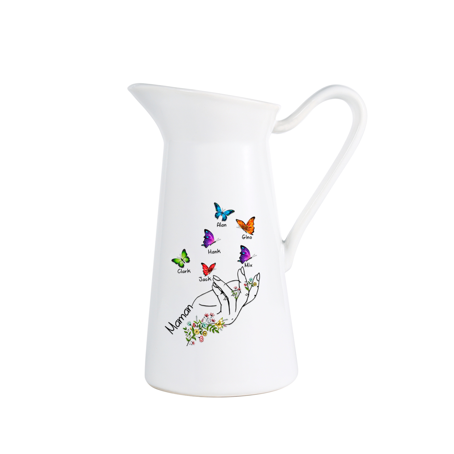 À Maman/Mamie - Vase Personnalisé 2-8 Prénoms avec 1 Texte Vase Forme Pichet et Papillonen Céramique (sans fleurs) | Jessemade