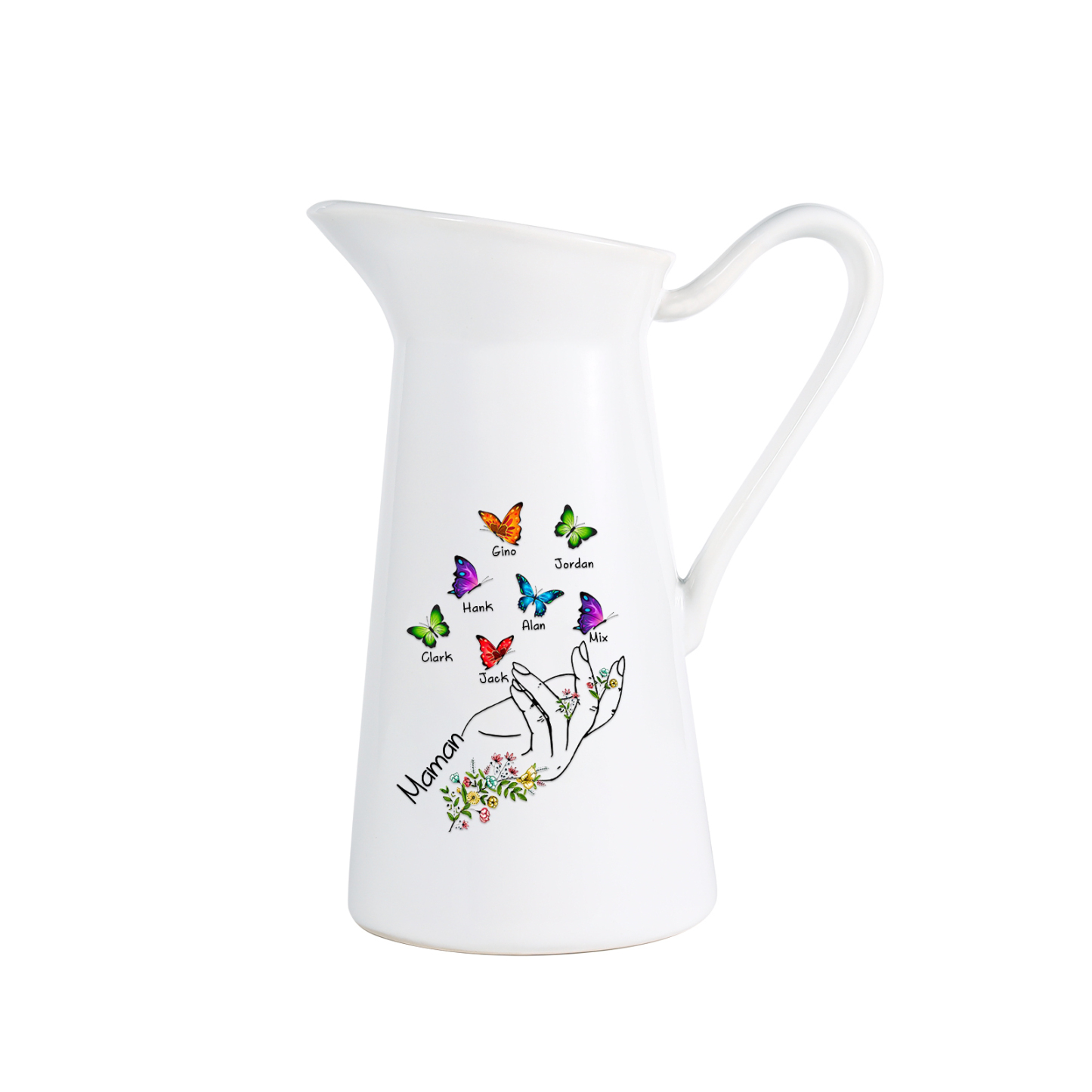 À Maman/Mamie - Vase Personnalisé 2-8 Prénoms avec 1 Texte Vase Forme Pichet et Papillonen Céramique (sans fleurs) | Jessemade