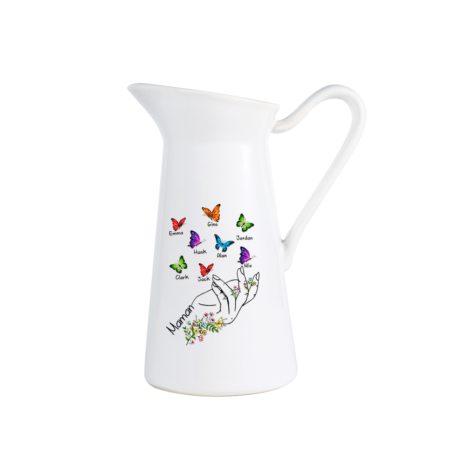 À Maman/Mamie - Vase Personnalisé 2-8 Prénoms avec 1 Texte Vase Forme Pichet et Papillonen Céramique (sans fleurs) | Jessemade