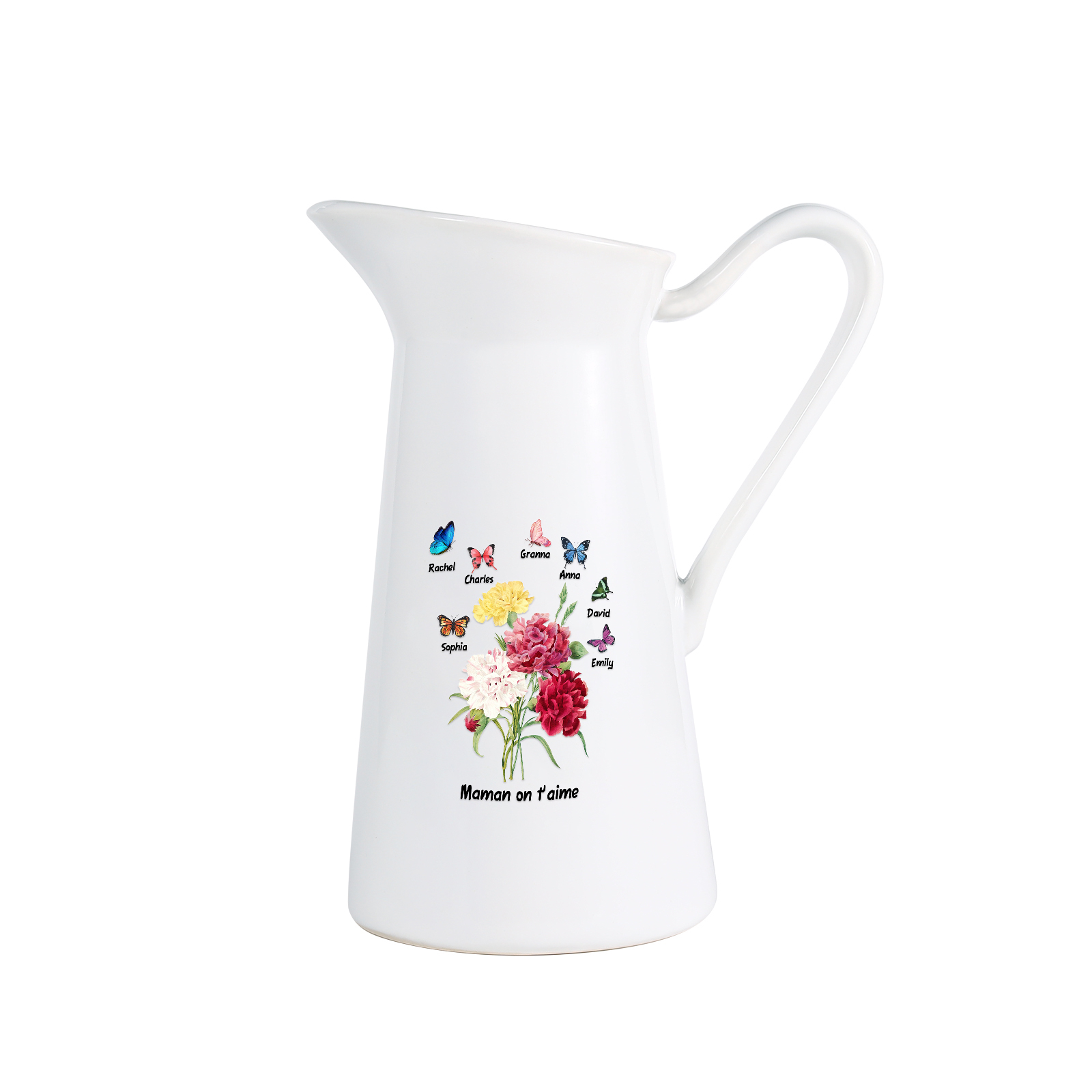À Maman/Mamie - Vase Personnalisé 1-8 Prénoms avec 1 Texte Vase Forme Pichet etPapillon en Céramique (sans fleurs) | Jessemade