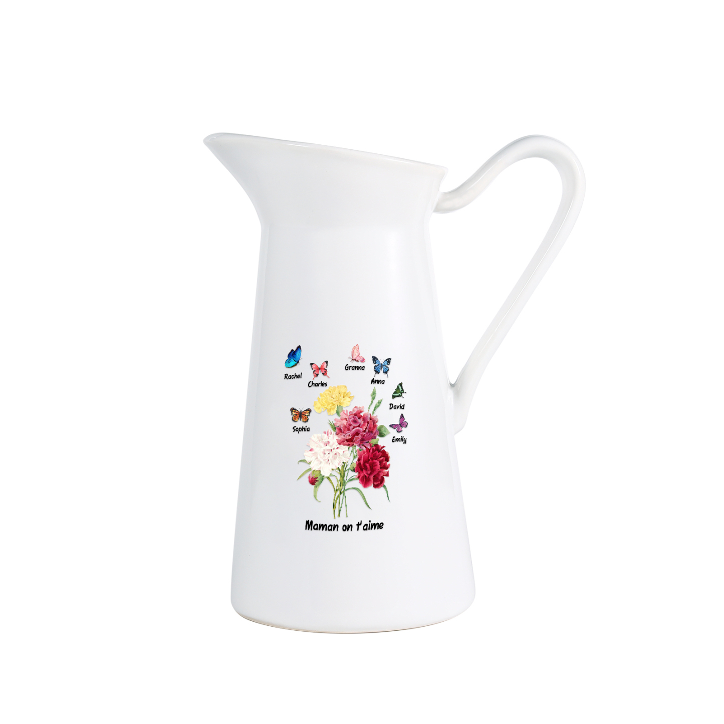 À Maman/Mamie - Vase Personnalisé 1-8 Prénoms avec 1 Texte Vase Forme Pichet etPapillon en Céramique (sans fleurs) | Jessemade