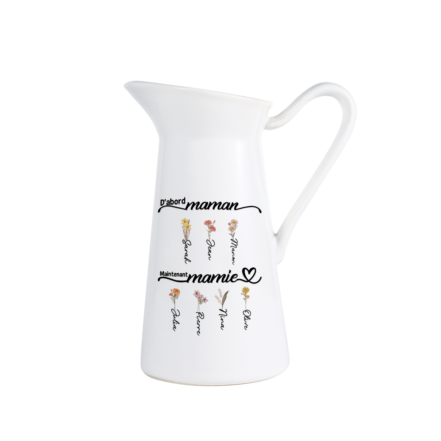 [Copy]À Maman/Mamie - Vase Personnalisé 1-6 Prénoms et Fleurs de Naissance avec 2 Textes Vase Forme Pichet en Céramique (sans fleurs) | Jessemade