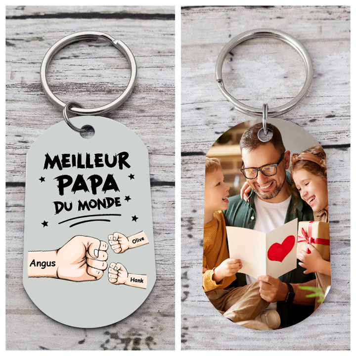 À mon Papa - Porte-Clés Personnalisé avec 2-5 Prénoms et Poings avec 1 Photo Cadeau pour “Meilleur Papa du Monde” | Jessemade