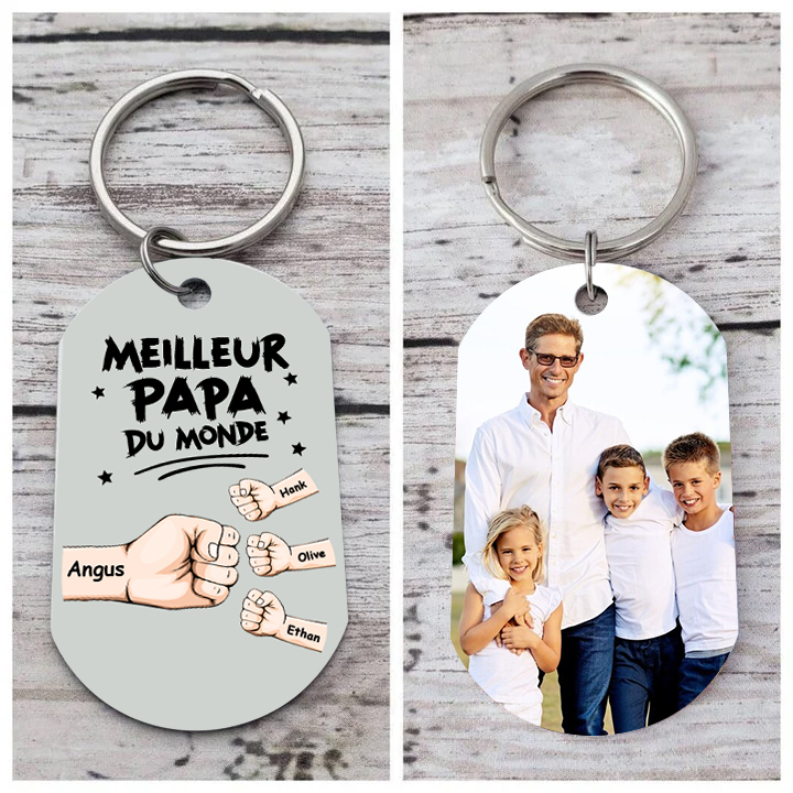 À mon Papa - Porte-Clés Personnalisé avec 2-5 Prénoms et Poings avec 1 Photo Cadeau pour “Meilleur Papa du Monde” | Jessemade