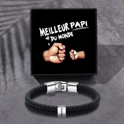 Bracelet Papi personnalisé 1–6 prénoms – cuir tressé et acier, 18,5/21,5 cm, argent ou noir, fermoir sécurisé | Jessemade