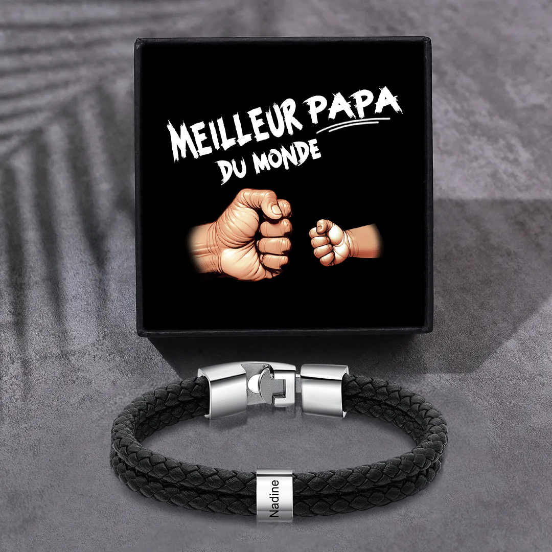 Bracelet Papa Personnalisé Cuir Tressé et Acier Inoxydable – 1 à 6 Prénoms Gravés