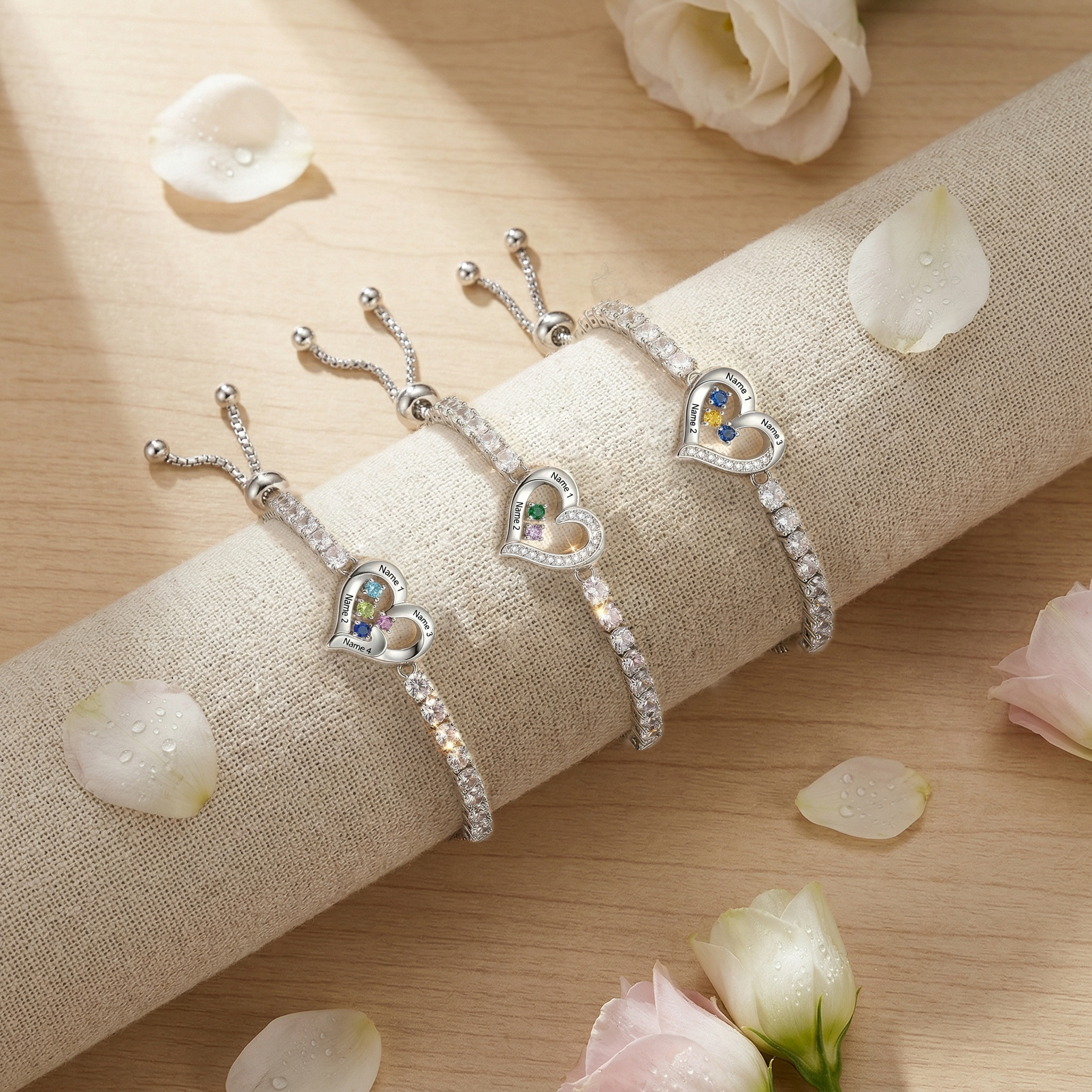Bracelet Tennis Cœur ajustable avec 2-4 Pierres de naissance et Prénoms
