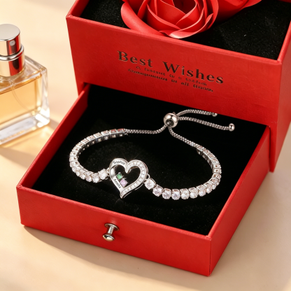 Bracelet Tennis Cœur ajustable avec 2-4 Pierres de naissance et Prénoms