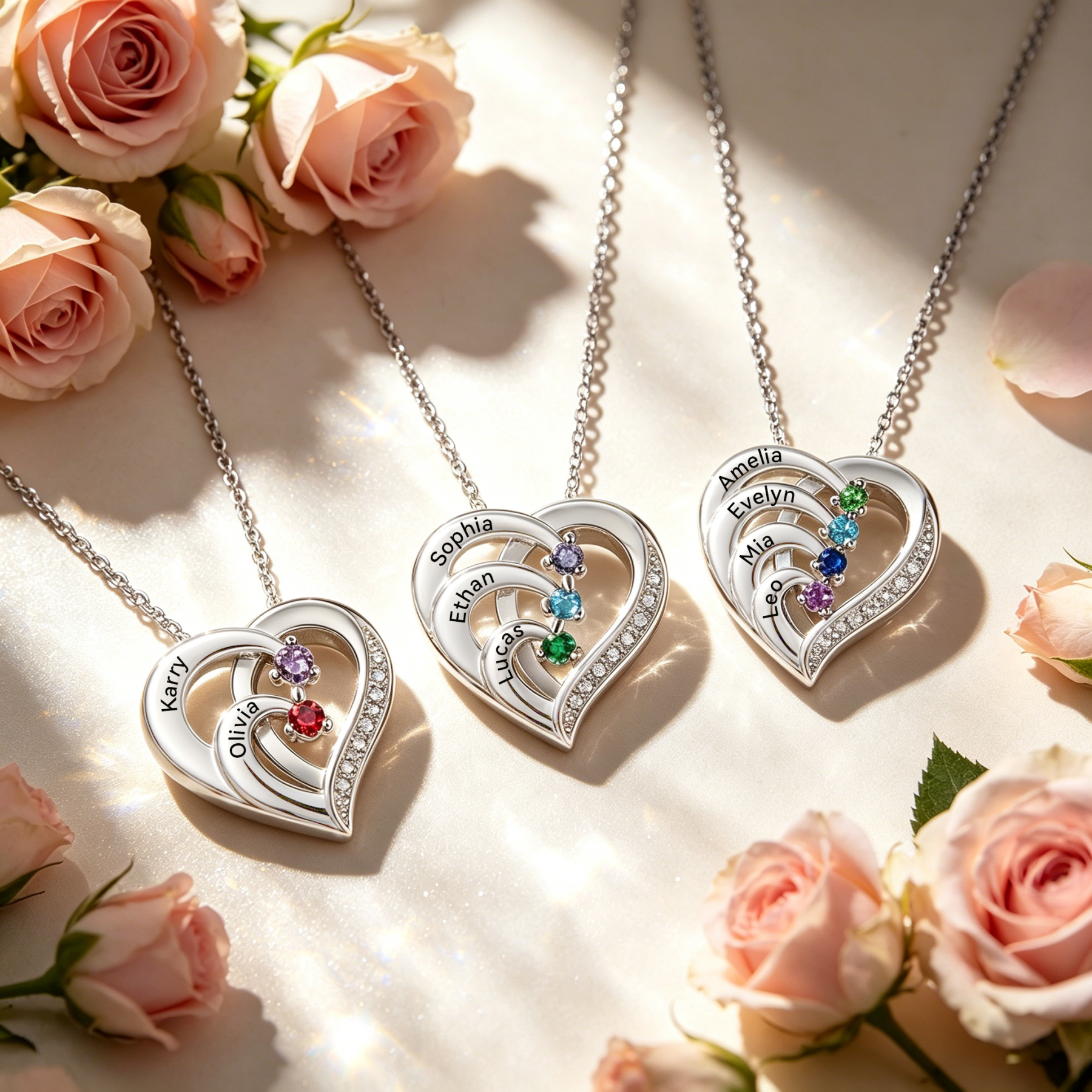 Collier Coeur 2-6 Prénoms Personnalisés avec Pierres de naissance en Argent 925｜Jessemade
