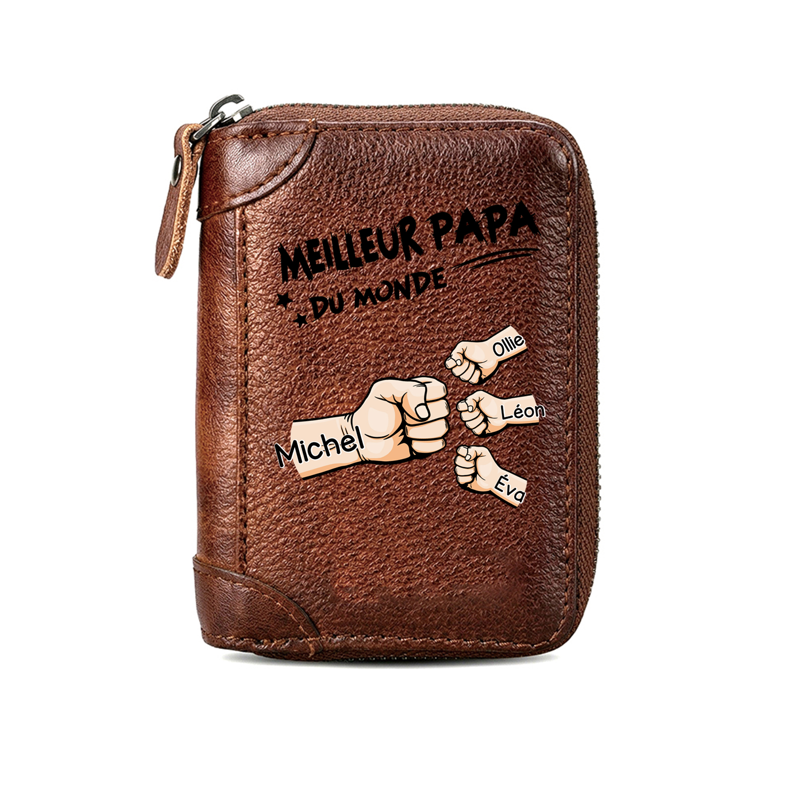 Porte-Cartes en Cuir Véritable Personnalisé avec 1-6 Prénoms et Poings, Portefeuille zippé pour Meilleur Papa/Papi