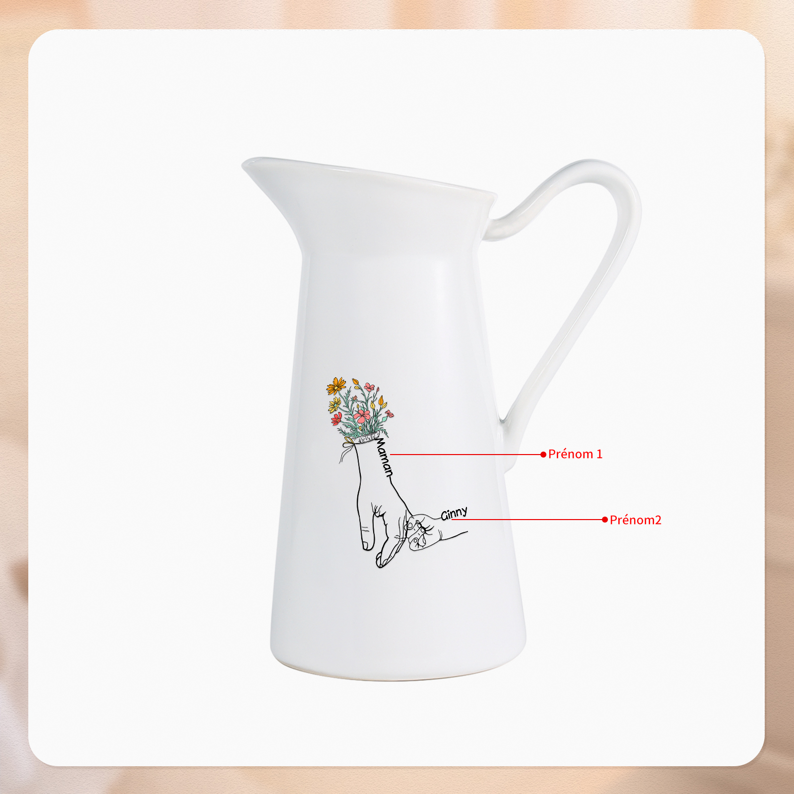 À Maman/Mamie - Vase Personnalisé 2-7 Prénoms Vase Forme Pichet en Céramique (sans fleurs) | Jessemade