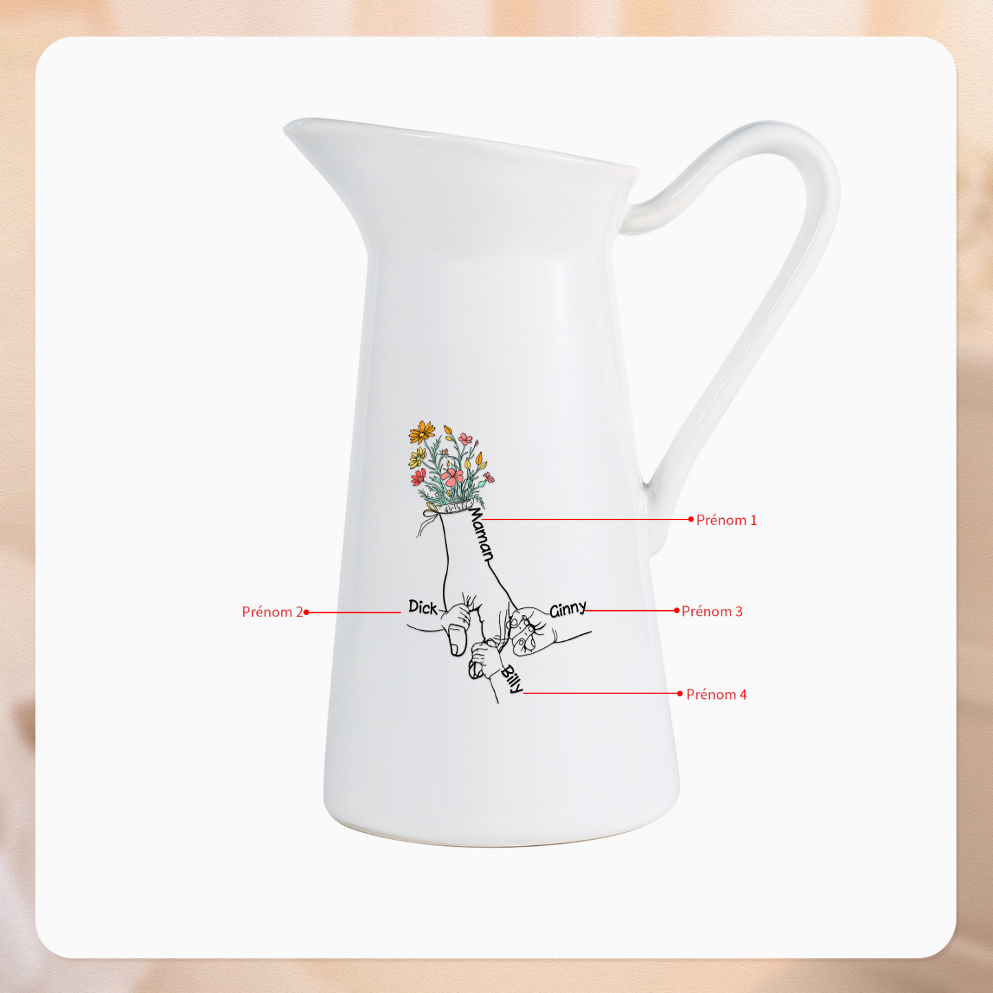 À Maman/Mamie - Vase Personnalisé 2-7 Prénoms Vase Forme Pichet en Céramique (sans fleurs) | Jessemade