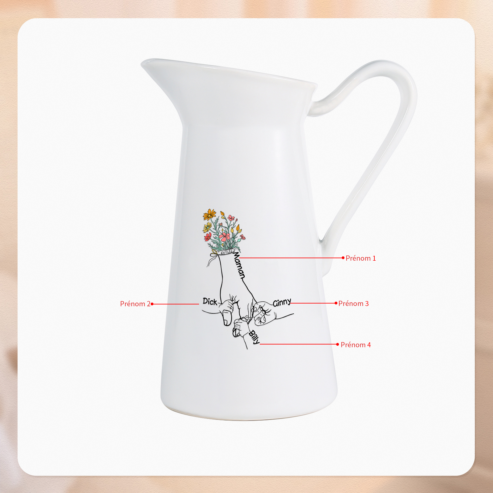 À Maman/Mamie - Vase Personnalisé 2-7 Prénoms Vase Forme Pichet en Céramique (sans fleurs) | Jessemade