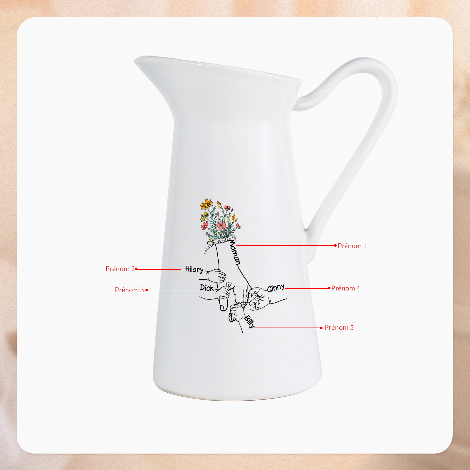 À Maman/Mamie - Vase Personnalisé 2-7 Prénoms Vase Forme Pichet en Céramique (sans fleurs) | Jessemade