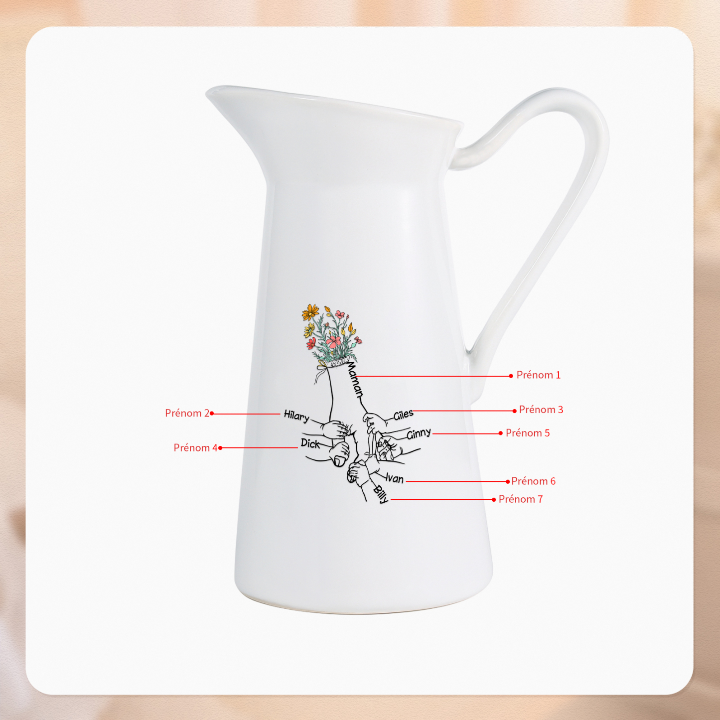 À Maman/Mamie - Vase Personnalisé 2-7 Prénoms Vase Forme Pichet en Céramique (sans fleurs) | Jessemade