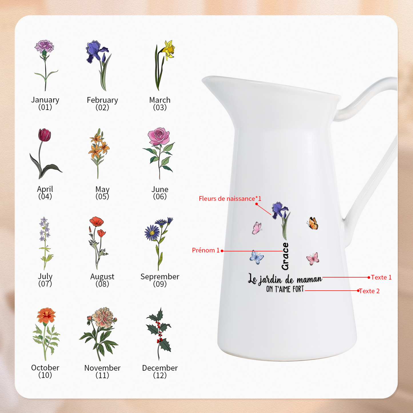 À Maman/Mamie - Vase Personnalisé 1-6 Prénoms et Fleurs de Naissance avec 2 Textes Vase Forme Pichet en Céramique (sans fleurs) | Jessemade