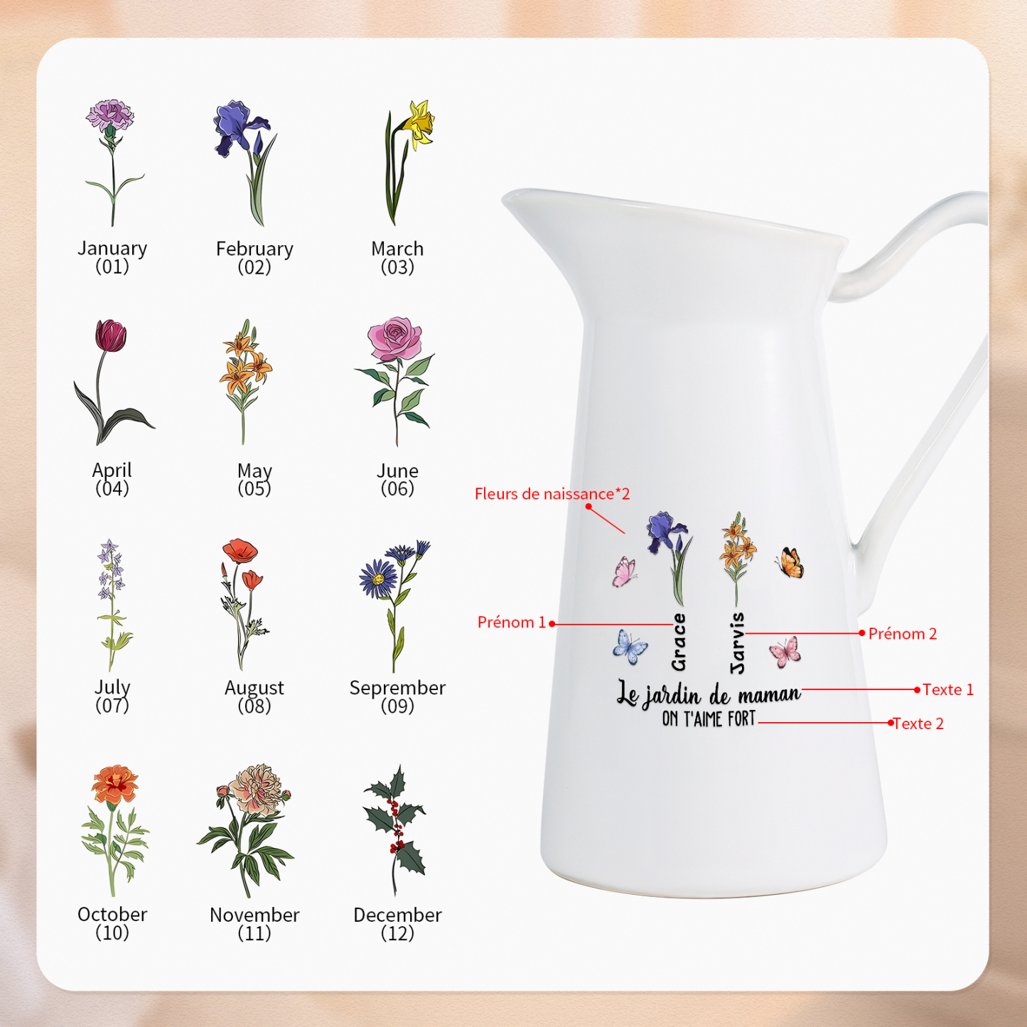 À Maman/Mamie - Vase Personnalisé 1-6 Prénoms et Fleurs de Naissance avec 2 Textes Vase Forme Pichet en Céramique (sans fleurs) | Jessemade