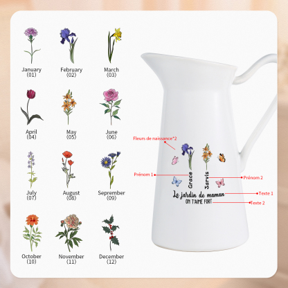 À Maman/Mamie - Vase Personnalisé 1-6 Prénoms et Fleurs de Naissance avec 2 Textes Vase Forme Pichet en Céramique (sans fleurs) | Jessemade