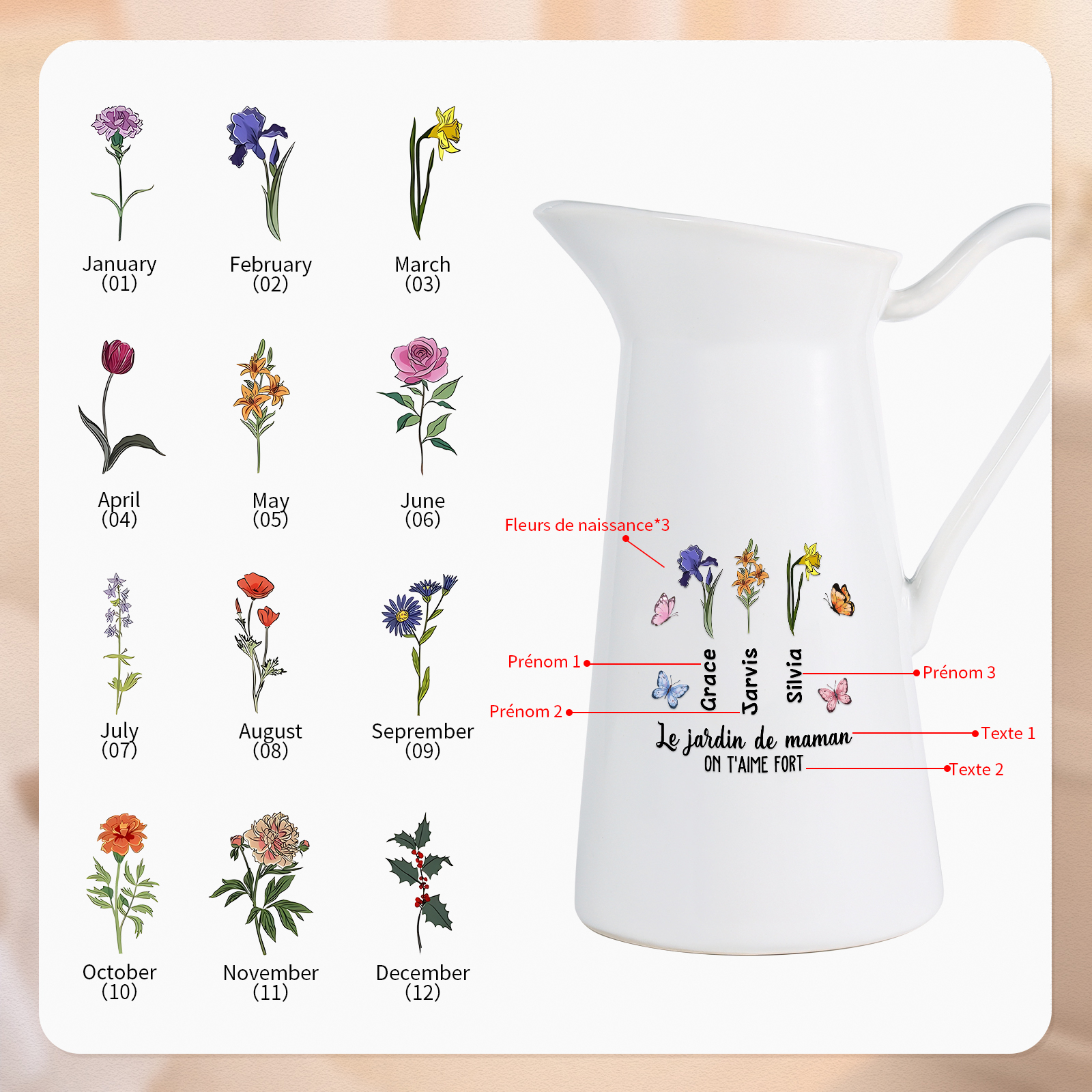 À Maman/Mamie - Vase Personnalisé 1-6 Prénoms et Fleurs de Naissance avec 2 Textes Vase Forme Pichet en Céramique (sans fleurs) | Jessemade