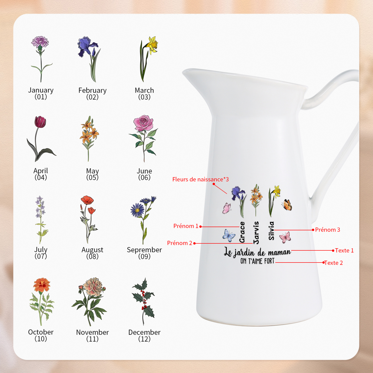 À Maman/Mamie - Vase Personnalisé 1-6 Prénoms et Fleurs de Naissance avec 2 Textes Vase Forme Pichet en Céramique (sans fleurs) | Jessemade