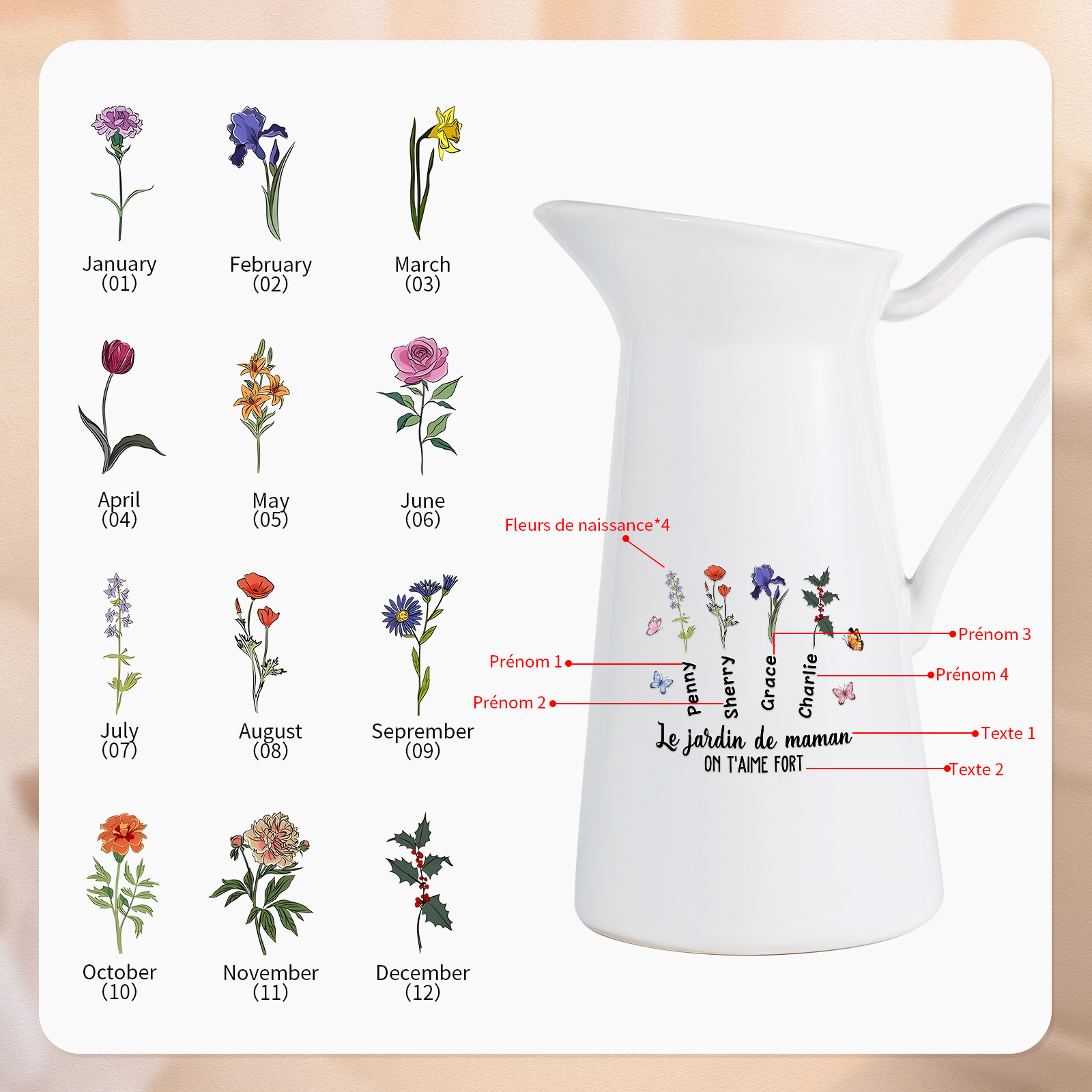 À Maman/Mamie - Vase Personnalisé 1-6 Prénoms et Fleurs de Naissance avec 2 Textes Vase Forme Pichet en Céramique (sans fleurs) | Jessemade