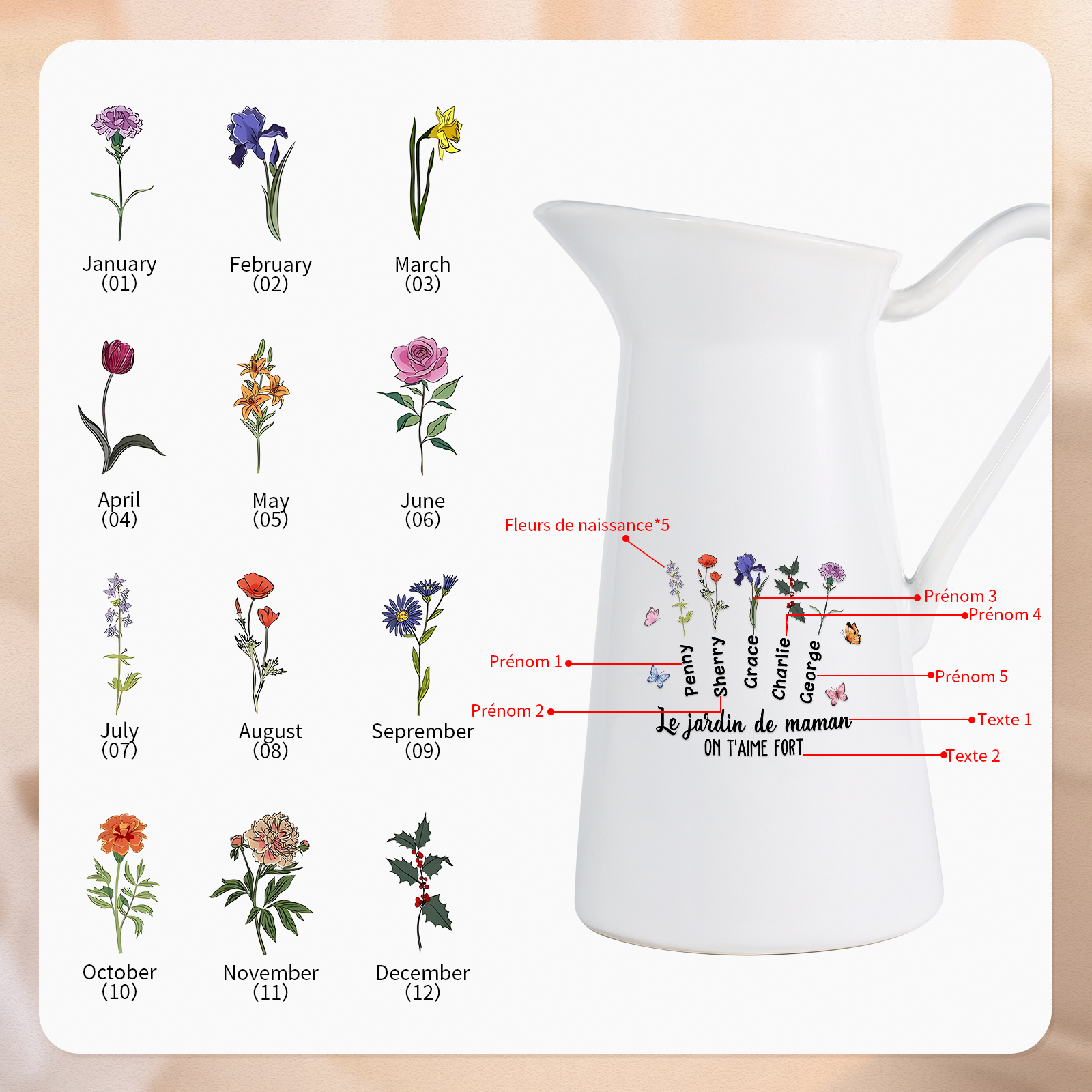 À Maman/Mamie - Vase Personnalisé 1-6 Prénoms et Fleurs de Naissance avec 2 Textes Vase Forme Pichet en Céramique (sans fleurs) | Jessemade