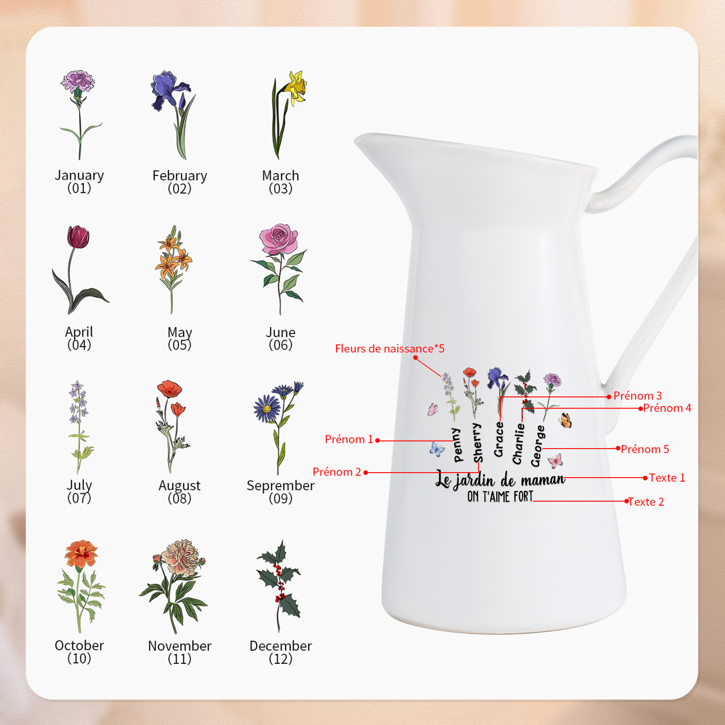 À Maman/Mamie - Vase Personnalisé 1-6 Prénoms et Fleurs de Naissance avec 2 Textes Vase Forme Pichet en Céramique (sans fleurs) | Jessemade
