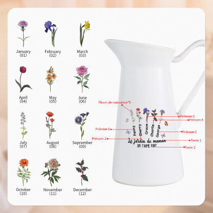 À Maman/Mamie - Vase Personnalisé 1-6 Prénoms et Fleurs de Naissance avec 2 Textes Vase Forme Pichet en Céramique (sans fleurs) | Jessemade