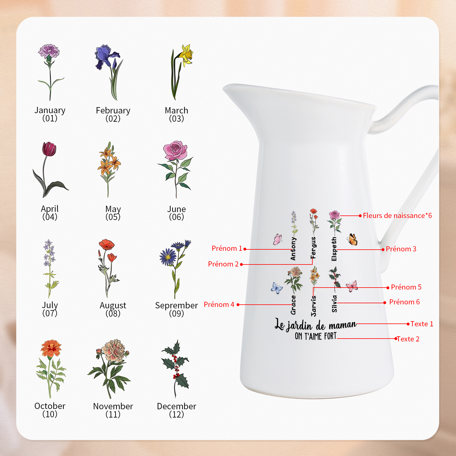 À Maman/Mamie - Vase Personnalisé 1-6 Prénoms et Fleurs de Naissance avec 2 Textes Vase Forme Pichet en Céramique (sans fleurs) | Jessemade