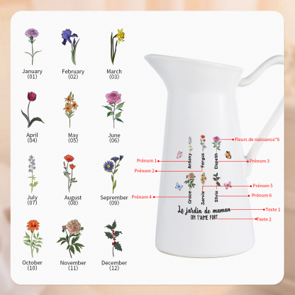 À Maman/Mamie - Vase Personnalisé 1-6 Prénoms et Fleurs de Naissance avec 2 Textes Vase Forme Pichet en Céramique (sans fleurs) | Jessemade