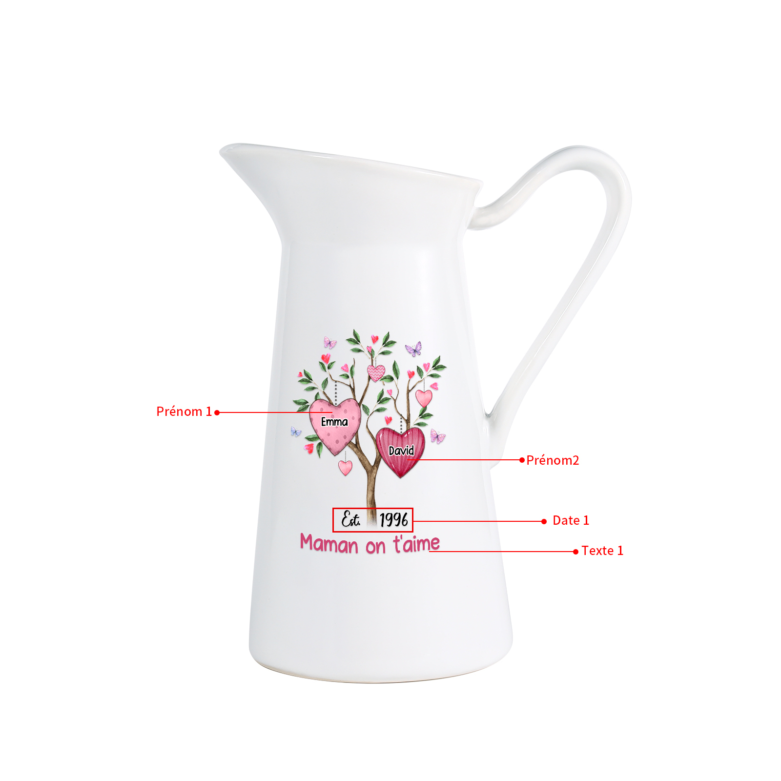 À Maman/Mamie - Vase Personnalisé 2-8 Prénoms et 1 Date avec 1 Texte Vase Forme Pichet en Céramique (sans fleurs) | Jessemade