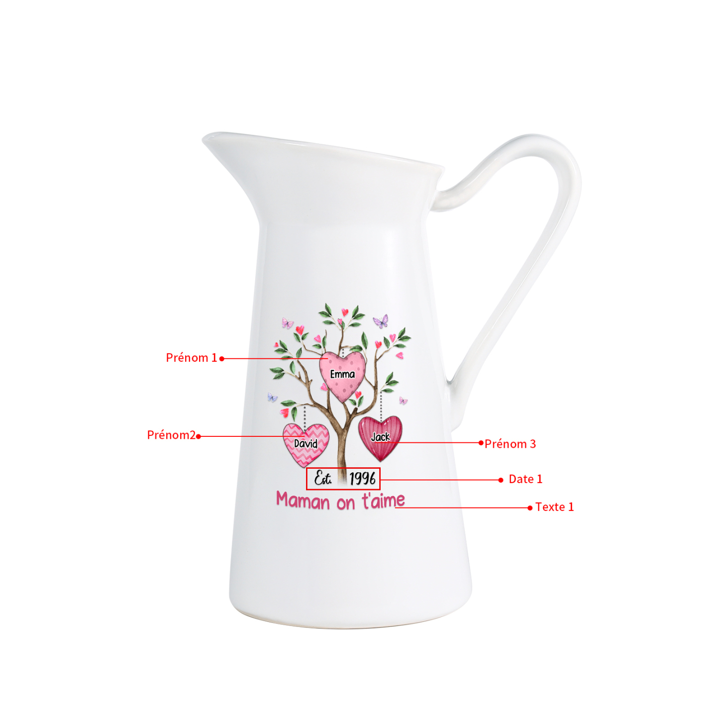 À Maman/Mamie - Vase Personnalisé 2-8 Prénoms et 1 Date avec 1 Texte Vase Forme Pichet en Céramique (sans fleurs) | Jessemade