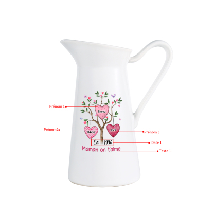 À Maman/Mamie - Vase Personnalisé 2-8 Prénoms et 1 Date avec 1 Texte Vase Forme Pichet en Céramique (sans fleurs) | Jessemade
