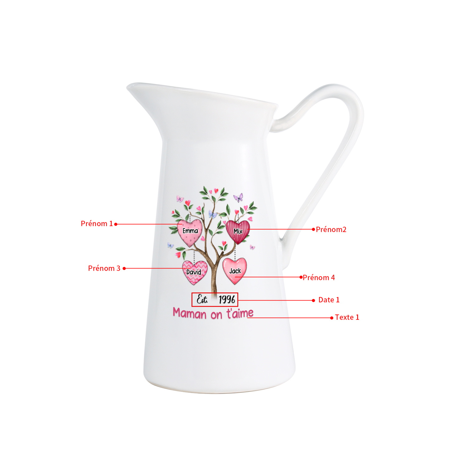 À Maman/Mamie - Vase Personnalisé 2-8 Prénoms et 1 Date avec 1 Texte Vase Forme Pichet en Céramique (sans fleurs) | Jessemade