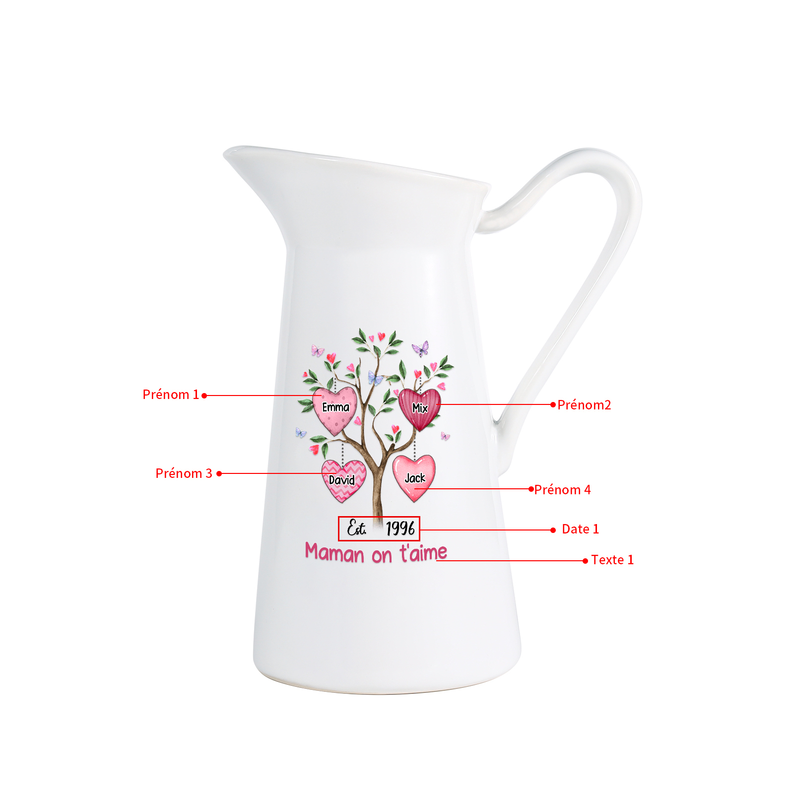 À Maman/Mamie - Vase Personnalisé 2-8 Prénoms et 1 Date avec 1 Texte Vase Forme Pichet en Céramique (sans fleurs) | Jessemade