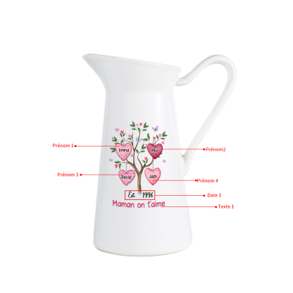 À Maman/Mamie - Vase Personnalisé 2-8 Prénoms et 1 Date avec 1 Texte Vase Forme Pichet en Céramique (sans fleurs) | Jessemade