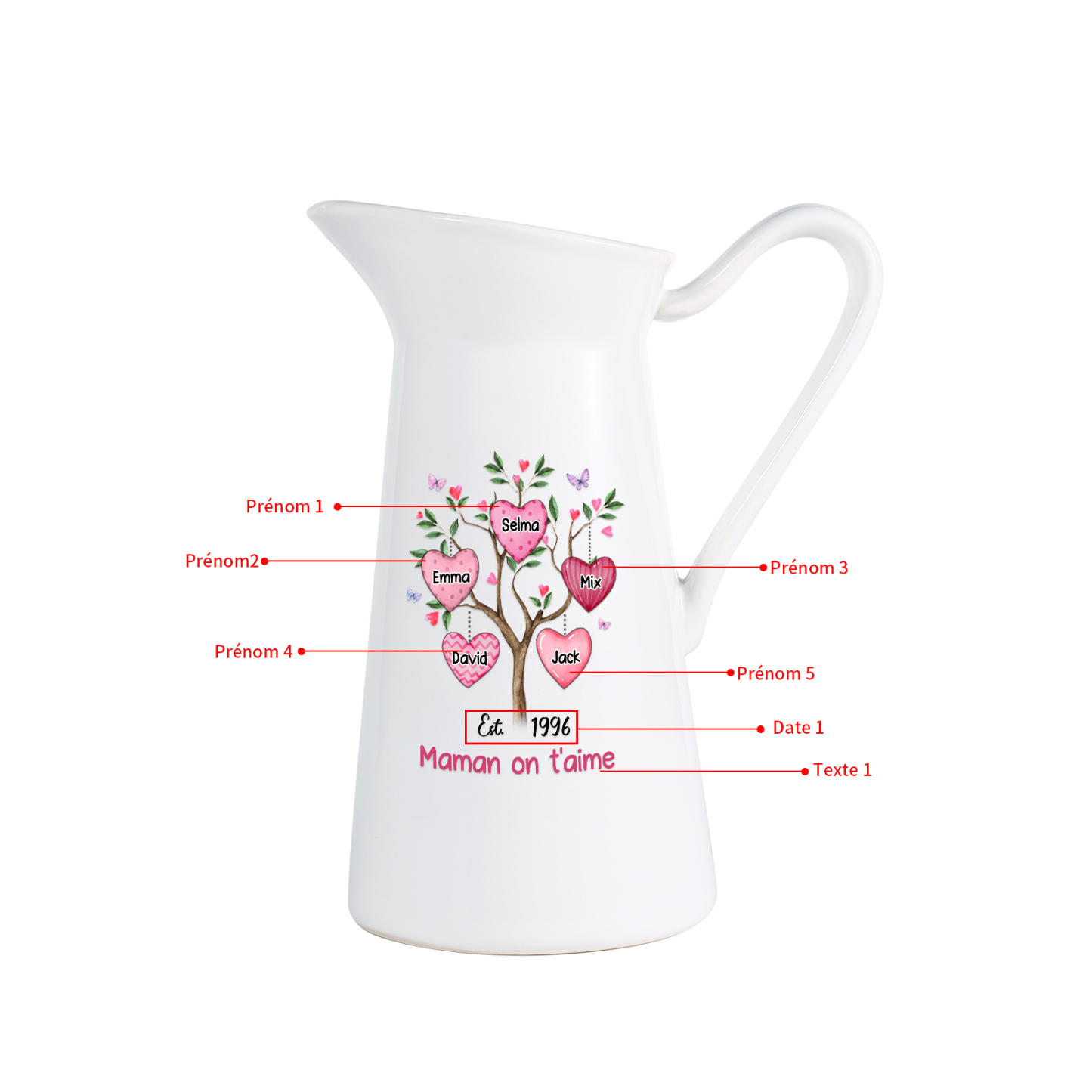 À Maman/Mamie - Vase Personnalisé 2-8 Prénoms et 1 Date avec 1 Texte Vase Forme Pichet en Céramique (sans fleurs) | Jessemade