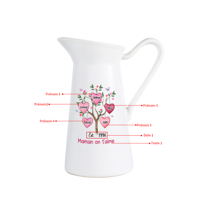 À Maman/Mamie - Vase Personnalisé 2-8 Prénoms et 1 Date avec 1 Texte Vase Forme Pichet en Céramique (sans fleurs) | Jessemade