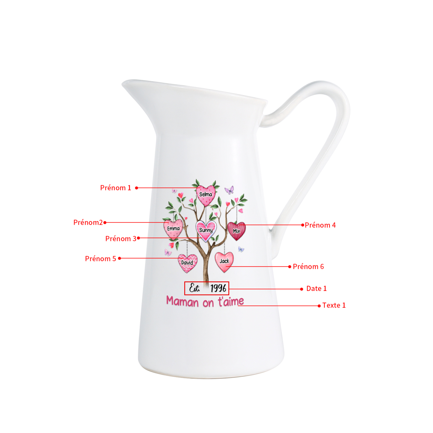 À Maman/Mamie - Vase Personnalisé 2-8 Prénoms et 1 Date avec 1 Texte Vase Forme Pichet en Céramique (sans fleurs) | Jessemade