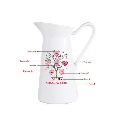 À Maman/Mamie - Vase Personnalisé 2-8 Prénoms et 1 Date avec 1 Texte Vase Forme Pichet en Céramique (sans fleurs) | Jessemade