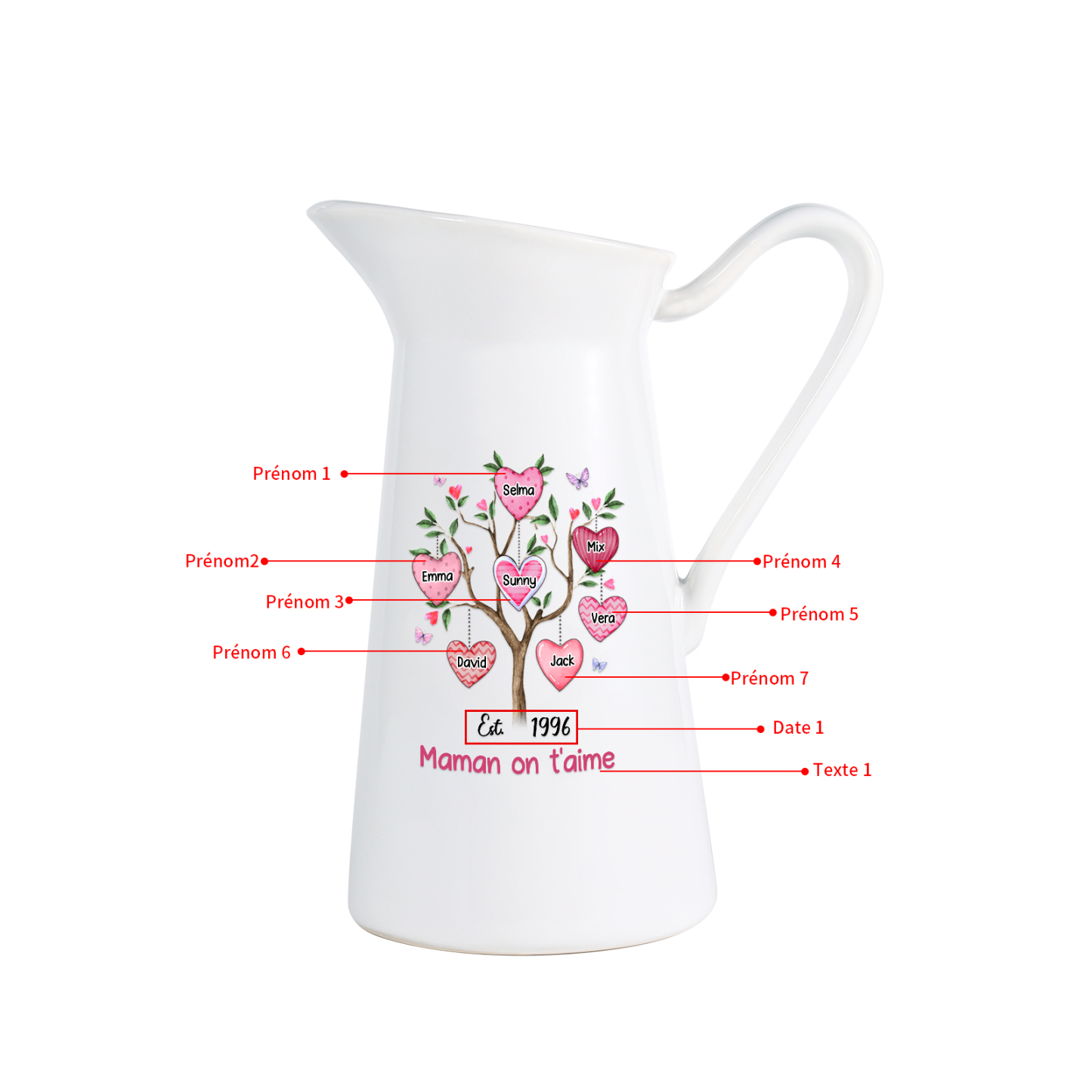 À Maman/Mamie - Vase Personnalisé 2-8 Prénoms et 1 Date avec 1 Texte Vase Forme Pichet en Céramique (sans fleurs) | Jessemade