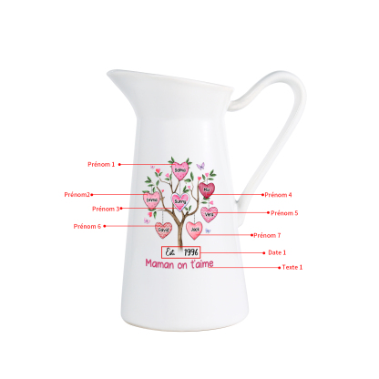 À Maman/Mamie - Vase Personnalisé 2-8 Prénoms et 1 Date avec 1 Texte Vase Forme Pichet en Céramique (sans fleurs) | Jessemade