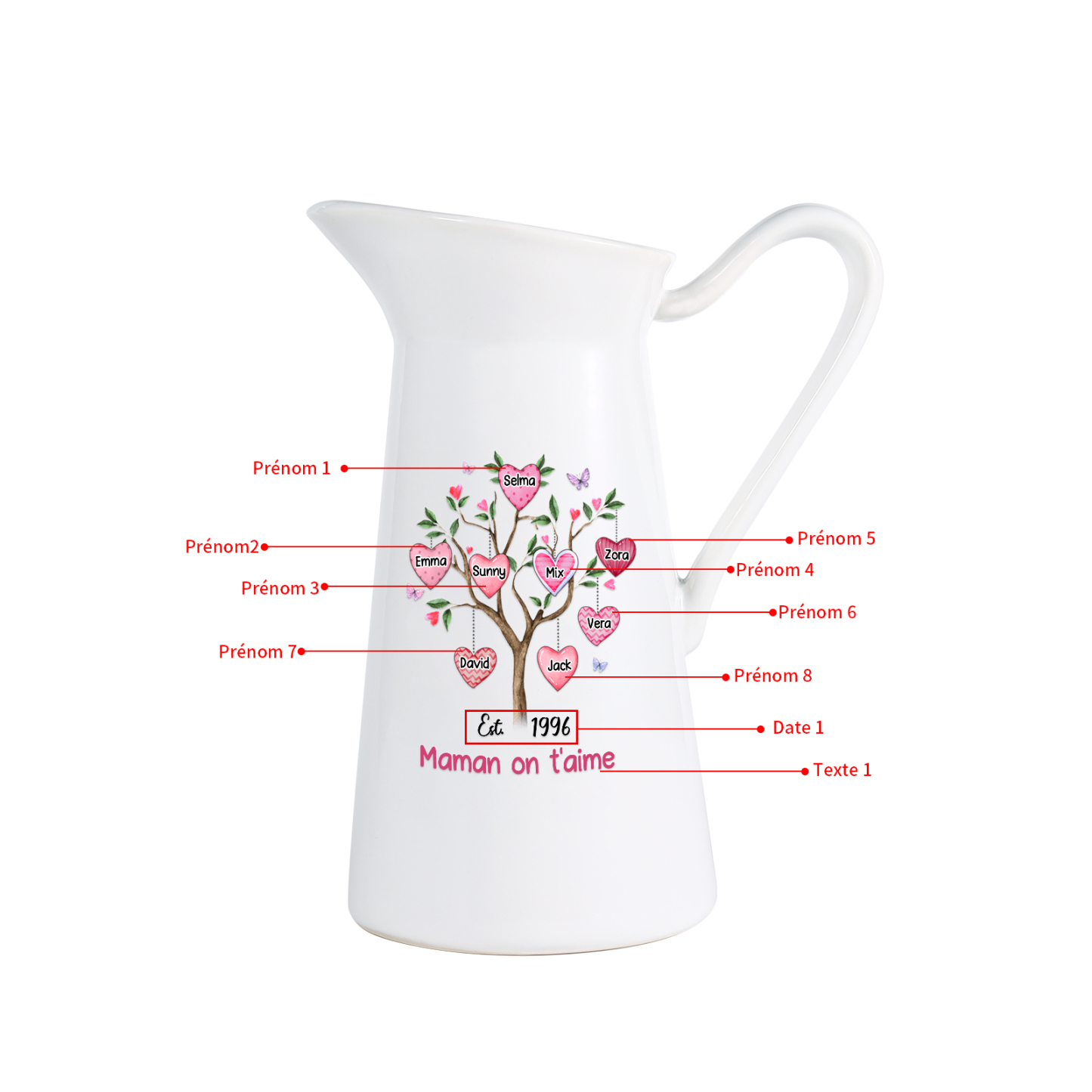 À Maman/Mamie - Vase Personnalisé 2-8 Prénoms et 1 Date avec 1 Texte Vase Forme Pichet en Céramique (sans fleurs) | Jessemade