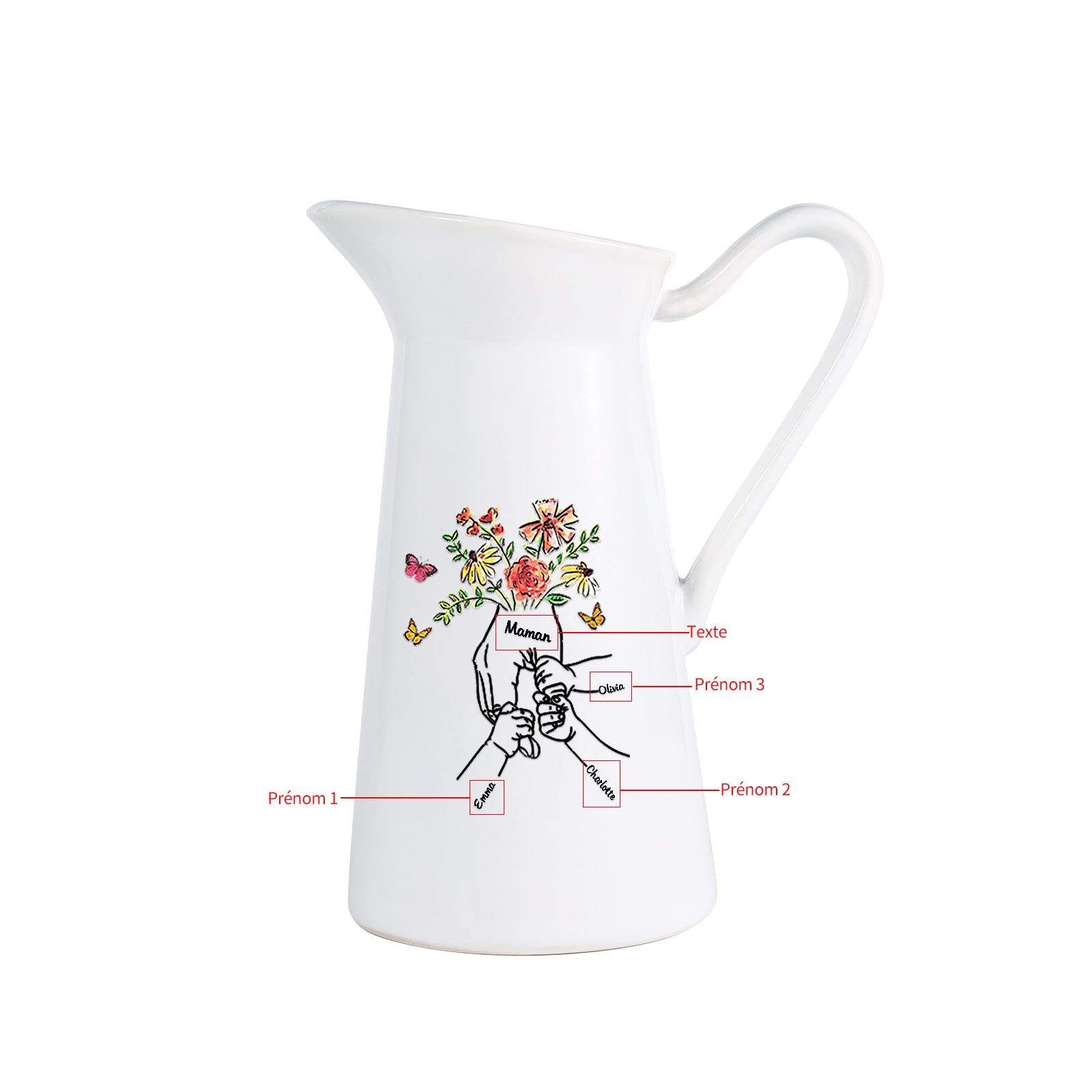 À Maman/Mamie - Vase Personnalisé 2-8 Prénoms avec 1 Texte Vase Forme Pichet en Céramique (sans fleurs) | Jessemade