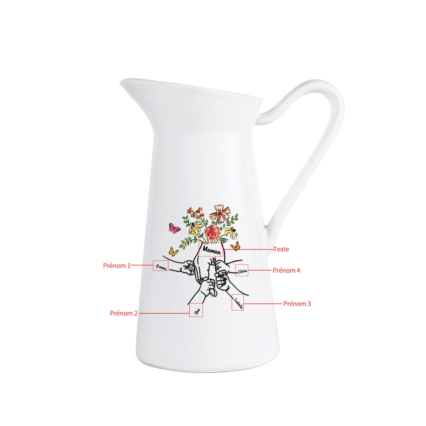 À Maman/Mamie - Vase Personnalisé 2-8 Prénoms avec 1 Texte Vase Forme Pichet en Céramique (sans fleurs) | Jessemade