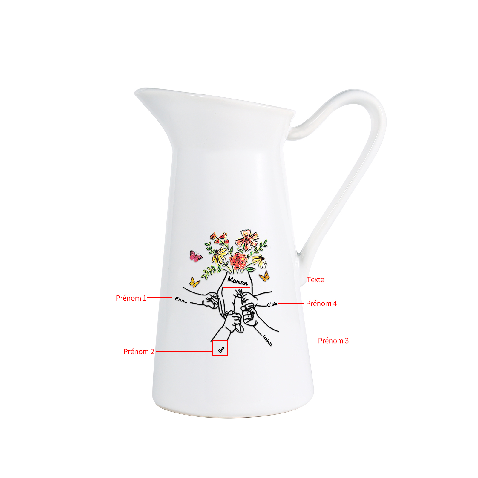 À Maman/Mamie - Vase Personnalisé 2-8 Prénoms avec 1 Texte Vase Forme Pichet en Céramique (sans fleurs) | Jessemade