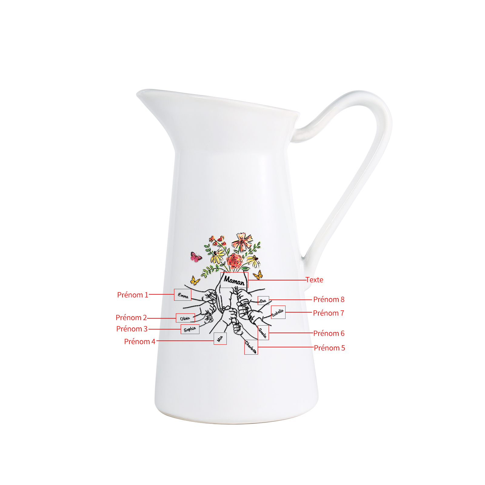 À Maman/Mamie - Vase Personnalisé 2-8 Prénoms avec 1 Texte Vase Forme Pichet en Céramique (sans fleurs) | Jessemade