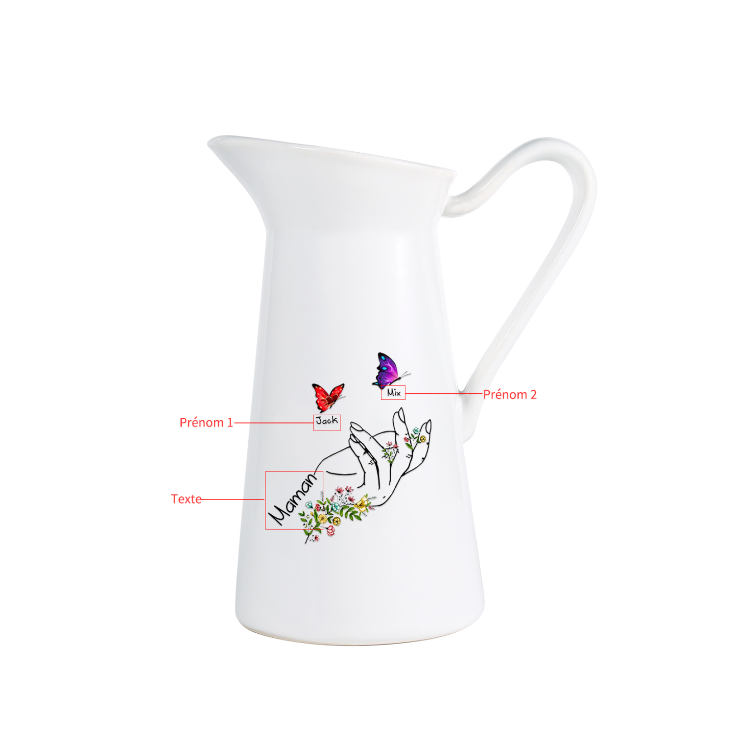 À Maman/Mamie - Vase Personnalisé 2-8 Prénoms avec 1 Texte Vase Forme Pichet et Papillonen Céramique (sans fleurs) | Jessemade