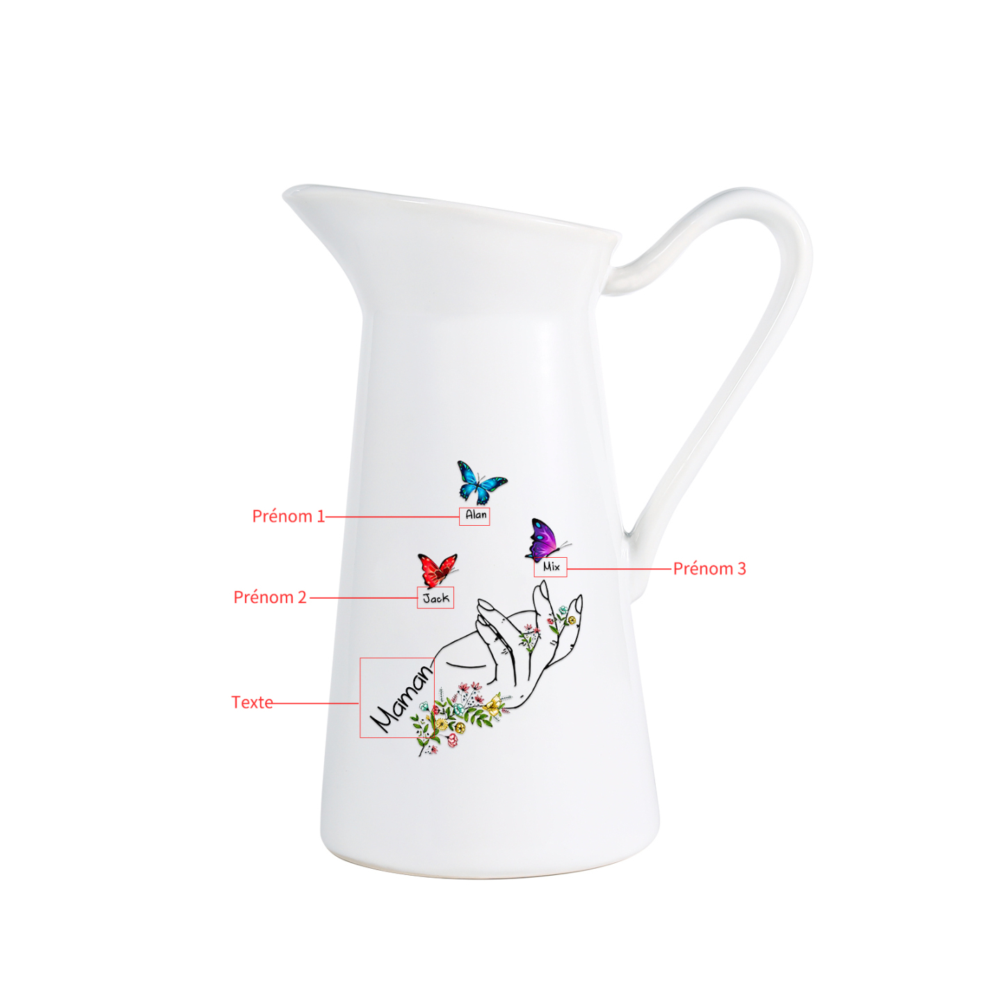 À Maman/Mamie - Vase Personnalisé 2-8 Prénoms avec 1 Texte Vase Forme Pichet et Papillonen Céramique (sans fleurs) | Jessemade